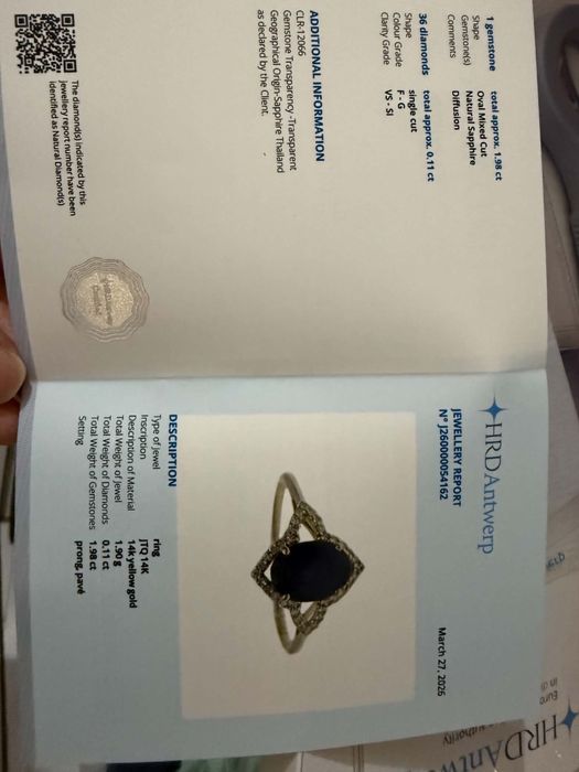 Inel din Aur Galben 14K cu Safir Natural și 36 Diamante (Certificat HRD Antwerp)