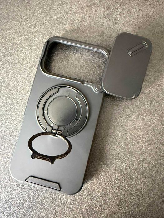 Husă iPhone 17 Pro Max neagră antișoc, inel metalic rotativ 360, suport