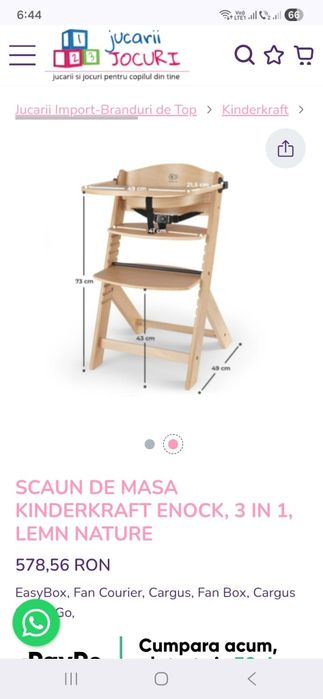 Scaun de masă Kinderkraft Enock 3 în 1, lemn natur, stare bună
