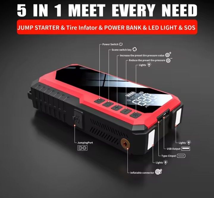 Jump Starter Пауър банк батерия компресор комплект 3600 Ah 5 в едно
