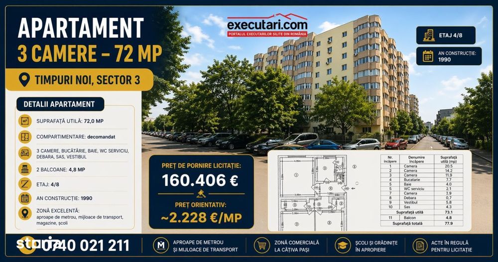 Timpuri Noi - Apartament - 3 camere - 72mp - Et.4, Sec. 3