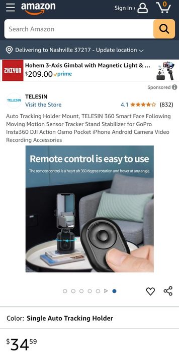 TELESIN 360 Смарт проследяващ държач за статив с 1/4" резба