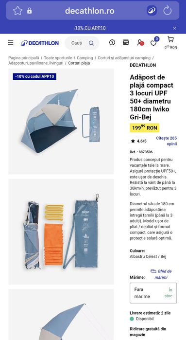UMBRAR Adăpost de plajă  3 locuri UPF 50+ diametru 180cm Iwiko Gri-Albastru decathlon ca nou