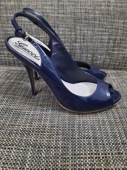 Gucci slingback peep-toe navy heels