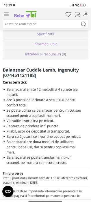 Vând balansoar cuddle lamb ingenuity