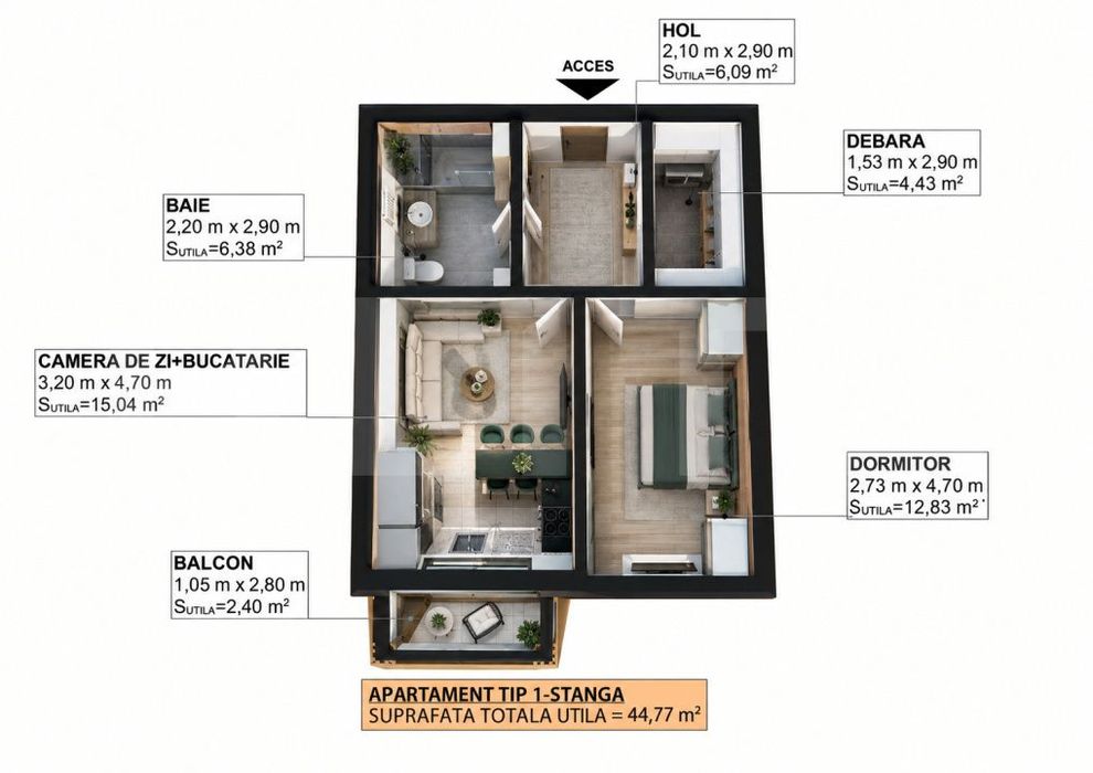 Apartament cu 2 camere, 44,77 mp utili, balcon