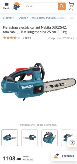 Drujba electrica / Fierastrau electric cu lant Makita DUC254Z, fara cablu, 18 V, lungime sina 25 cm. 3.3 kg