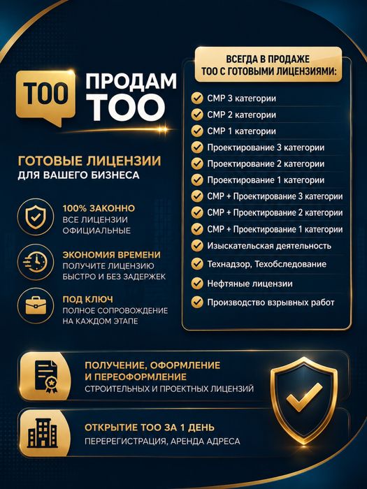 Продам ТОО с лицензиями СМР ПД ИД