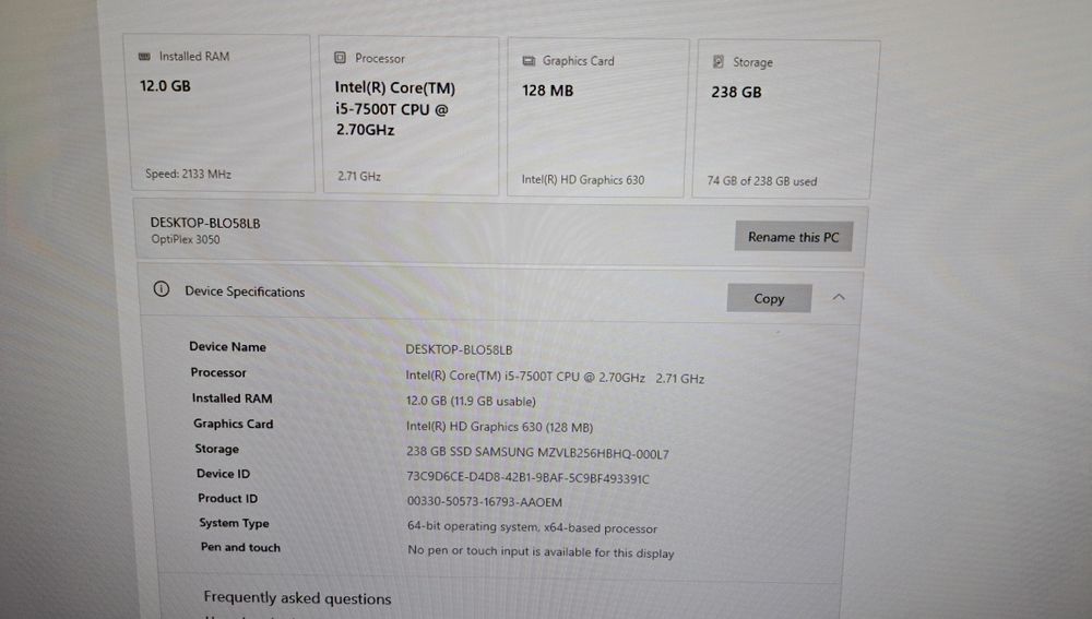 Dell Micro 3050/ i5 7500t /12Gb ram / 256 Nvme / Wifi