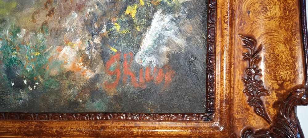 Tablou mare peisaj cu cascadă, semnat Gh. Rusu – Ramă masivă din lemn