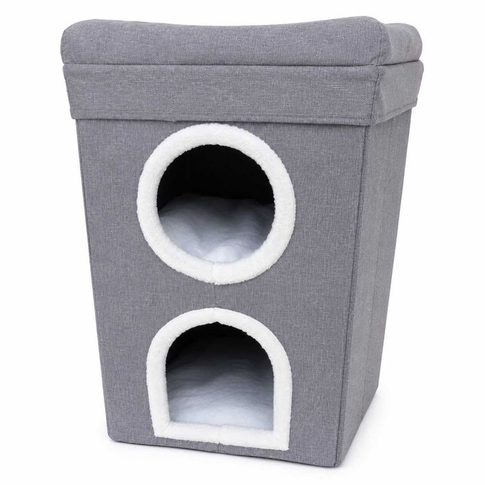 Căsuță pentru pisici Goldie XL cu 3 nivele și zgârietoare sisal, 39x39x65 cm, gri