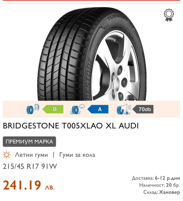 Гуми 215/45/17 Bridgistone Turanza T005 4 броя Нови