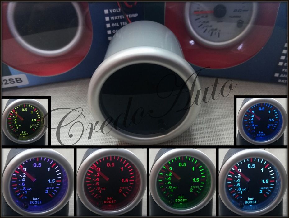 Промо!Буустметър RGB! Турбо Измервателен уред 12V Опушен BoostMeter