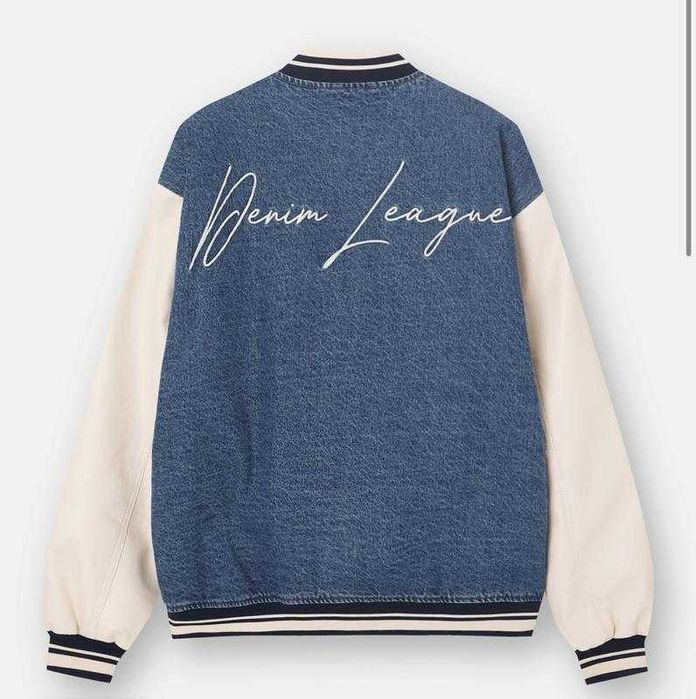 Мъжко пилотско яке от деним с ръкави от еко кожа Pull&Bear, XL