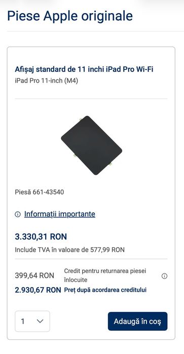 Display swap iPad Pro 11” M4 A2827– stare impecabilă