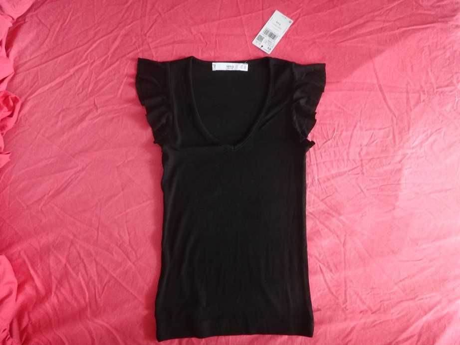 Mango нова черна рипсена блуза с къси набрани ръкави