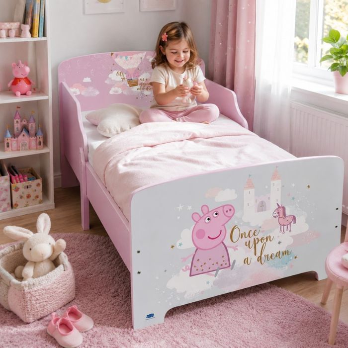 Детско легло Peppa Pig 140x70 см с ламелна основа – Розово легло с Пепа Пиг, замък и еднорог