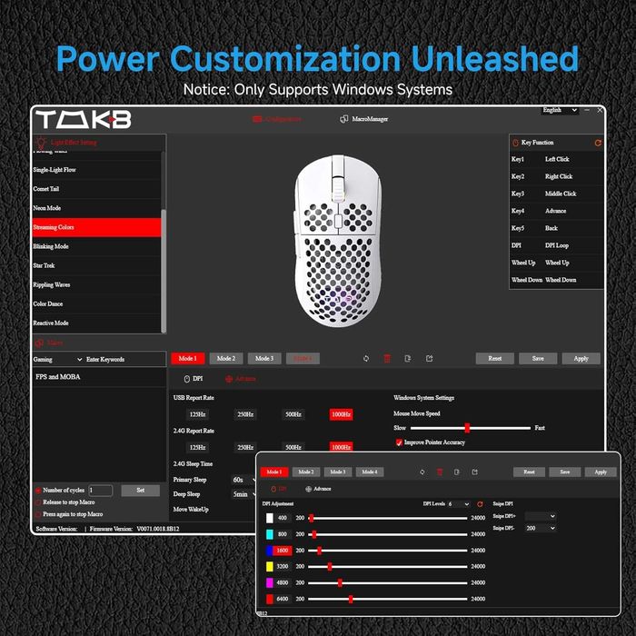 Геймърска мишка TMKB Falcon M1 (24,000 DPI) - Tri-Mode, RGB, Бяла