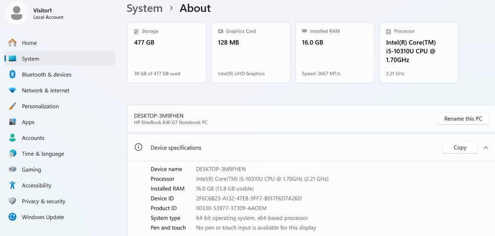 Laptop HP Elitebook 840 G7 Intel i5 16Gb Ram 500 Gb SSD