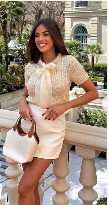 Нов трикотажен плетен топ с панделка от органза на Zara размер С