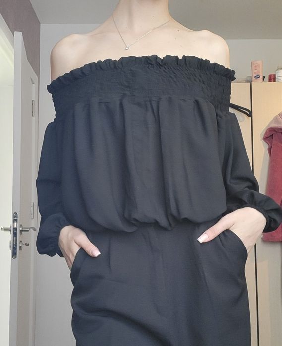 Елегантна шифонена блуза с дълъг ръкав и паднали рамене