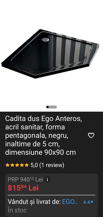 Cădiță duș, formă pentagonală neagră, înălțime 5cm, dimensiune 90x90