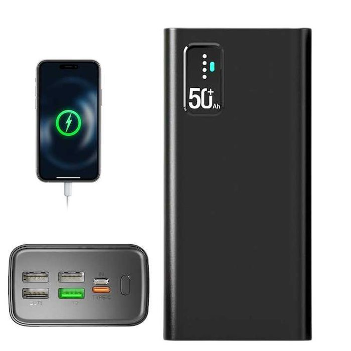 Baterie Externa Portabila  30000 mAh 22.5W, de uz incarcare laptop + telefon, 1 x USB-C, 4 x USB, Cu Cablu de incarcare