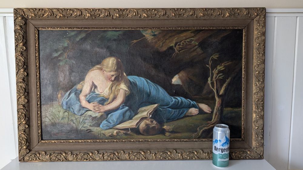 Rama veche, de calitate continund o copie de ulei pe panza (litografie veche) 107 x 65 cm, rama foarte interesanta, Maria Magdalena pocaind