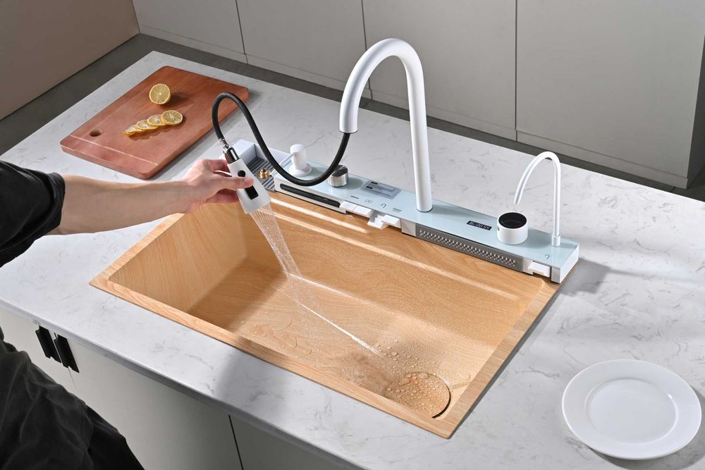 Дъб натур - Мултифункционална кухненска мивка с двоен водопад