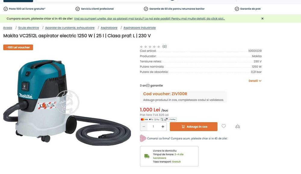 Makita VC2512L aspirator electric 1250 W | 25 l | Clasa praf: L | 230V