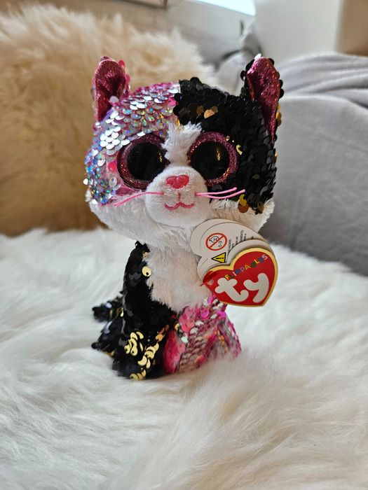 Jucarie de plus Pisica Malibu Ty, cu paiete interschimbabile, 15 cm,