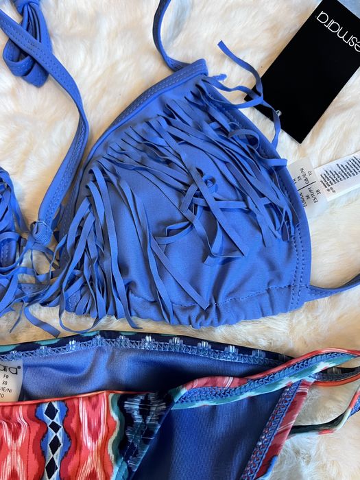 Costum de baie nou albastru rosu cu franjuri ambalat original