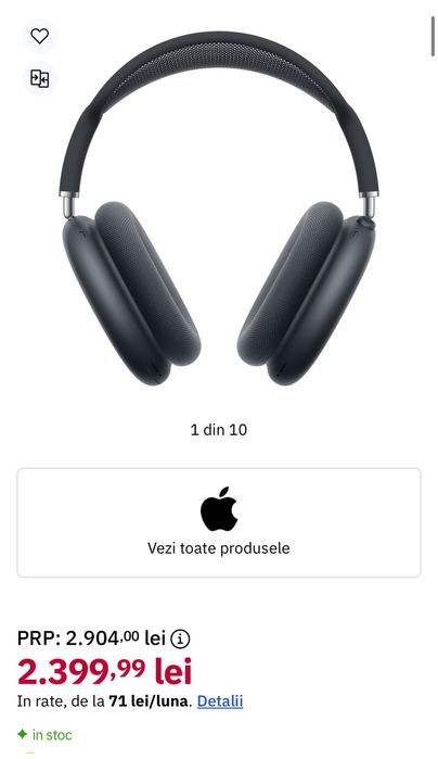 APPLE AirPods Max, Bluetooth, Over-Ear, Microfon, USB-C,  sigilate, transport inclus