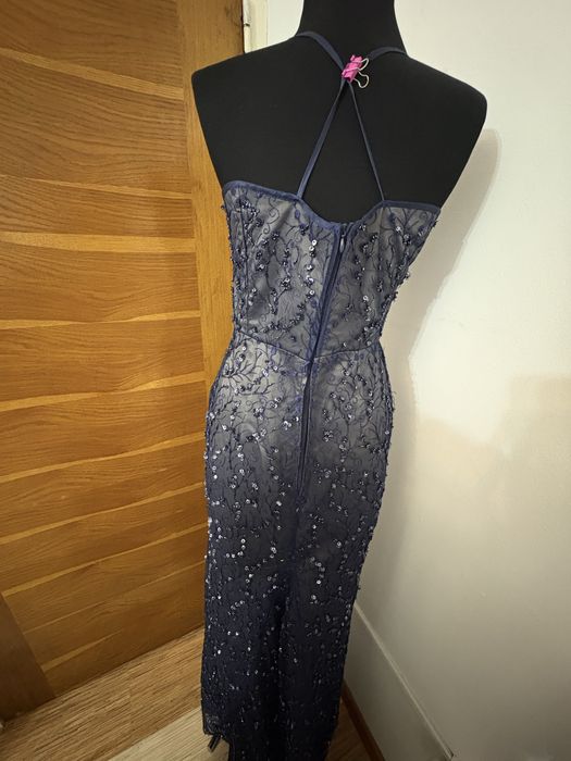 Rochie ocazie, albastru inchis cu gri, cu pietre