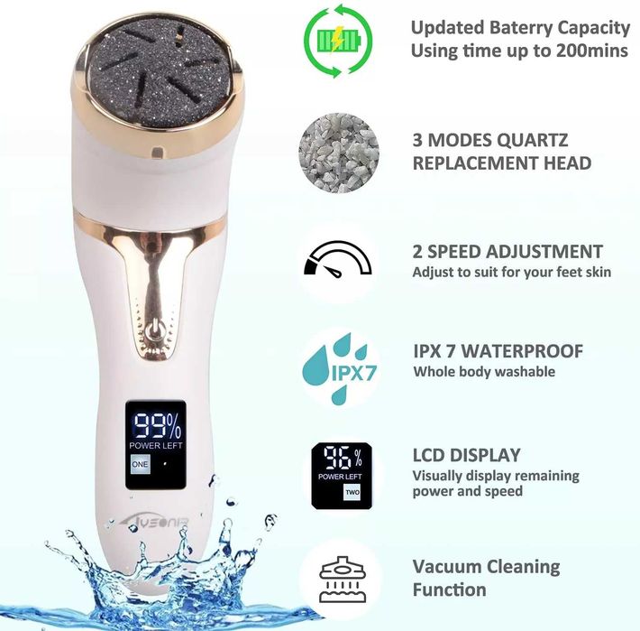 Електрическа вакуум пила за пети и педикюр 3 в 1 , водоустойчива
