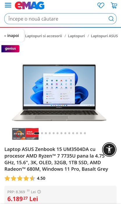 ASUS 15.6", Intel 7735U, 3K OLED, 32GB RAM, 1TB SSD, Radeon 680M
