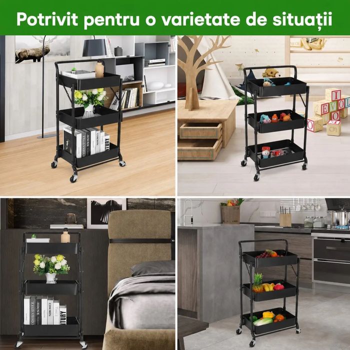 Raft metalic pliabil, 3 rafturi, roți pivotante cu blocare, capacitate 30 kg, fără montaj, negru