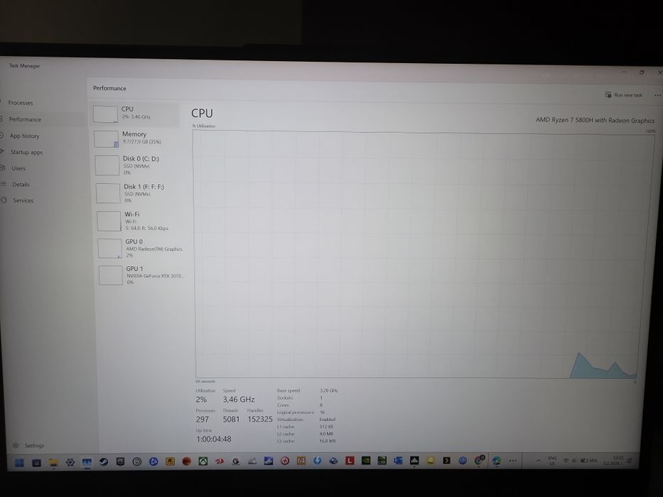 Лаптоп Lenovo Legion 16ACH6H RTX 3070 8 GB, 32GB RAM, 2 TB SSD, RYZEN 7 5800H.