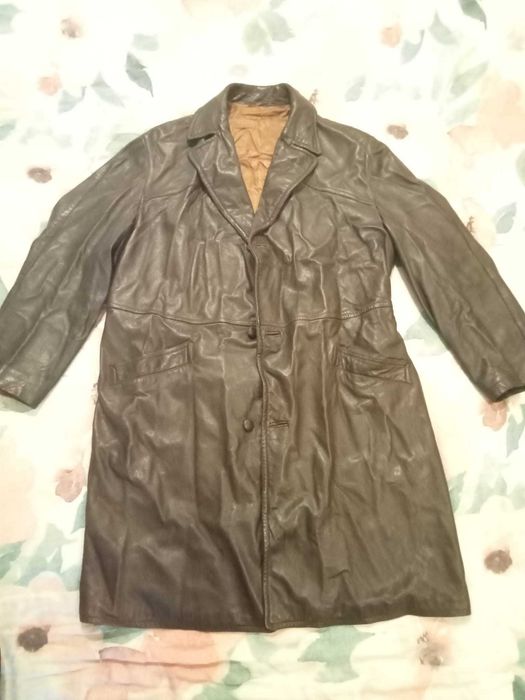 Haină lungă din piele naturală vintage – maro închis