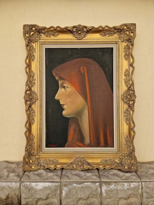 Портрет масло антикварен авторски платно голям