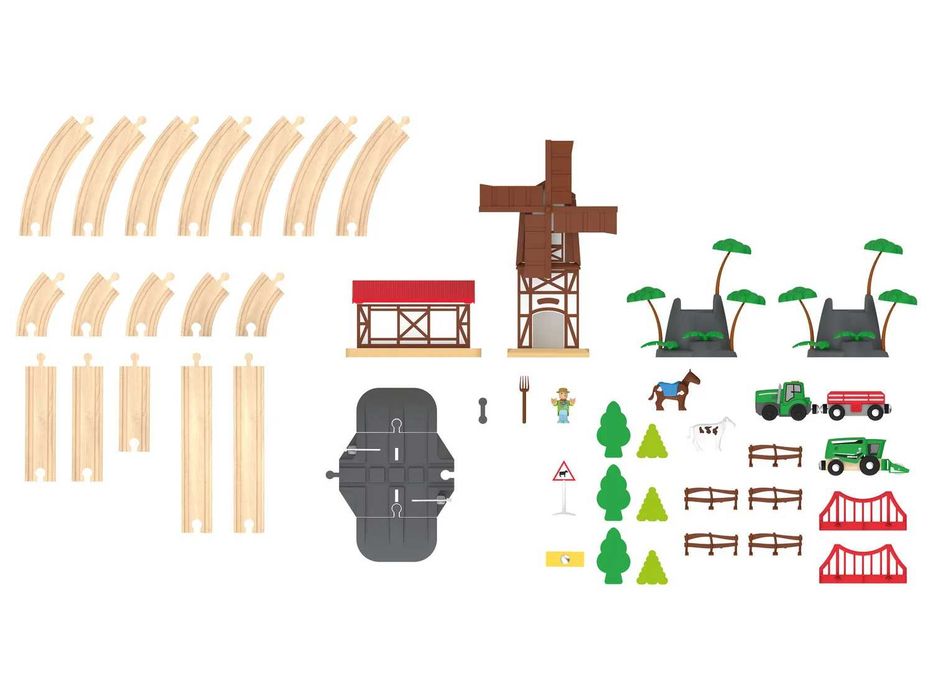 Дървена железница Ферма Дървени релси с вятърна мелница трактор