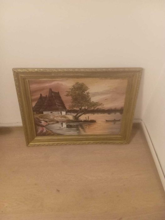 Tablou vechi 1977 – Peisaj rural, pictor român, ramă aurie, 82 × 62 cm