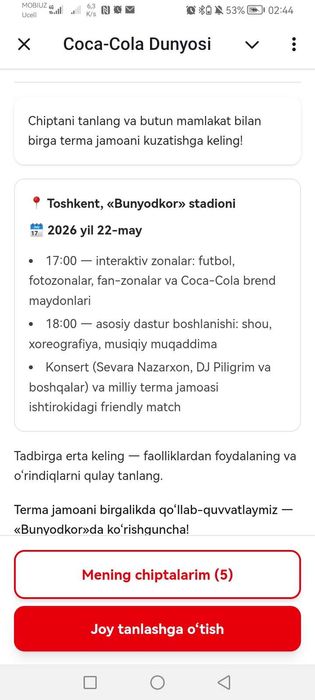 Biletlar bor 22 May kuni Bunyodkor Uzbekiston Jahon chempionatiga