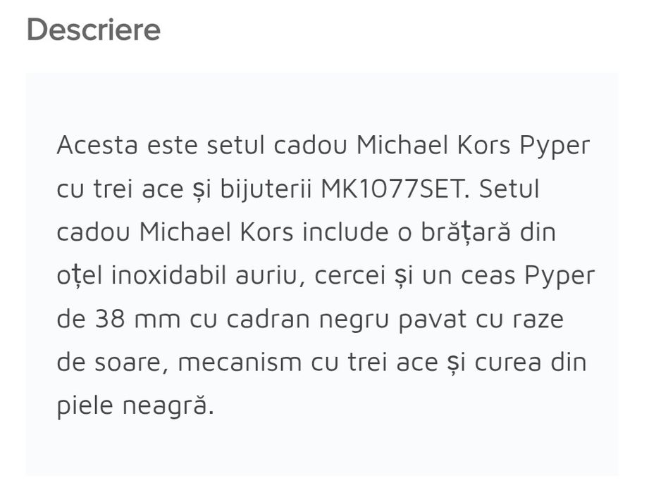 Set Michael Kors Pyper cu trei piese. Ceas, brățară și cercei.Mk1077Set.