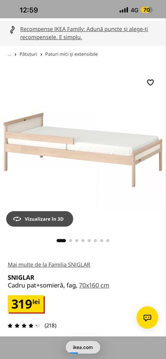 Pat junior IKEA 70x160 cm + saltea + husa impermeabila