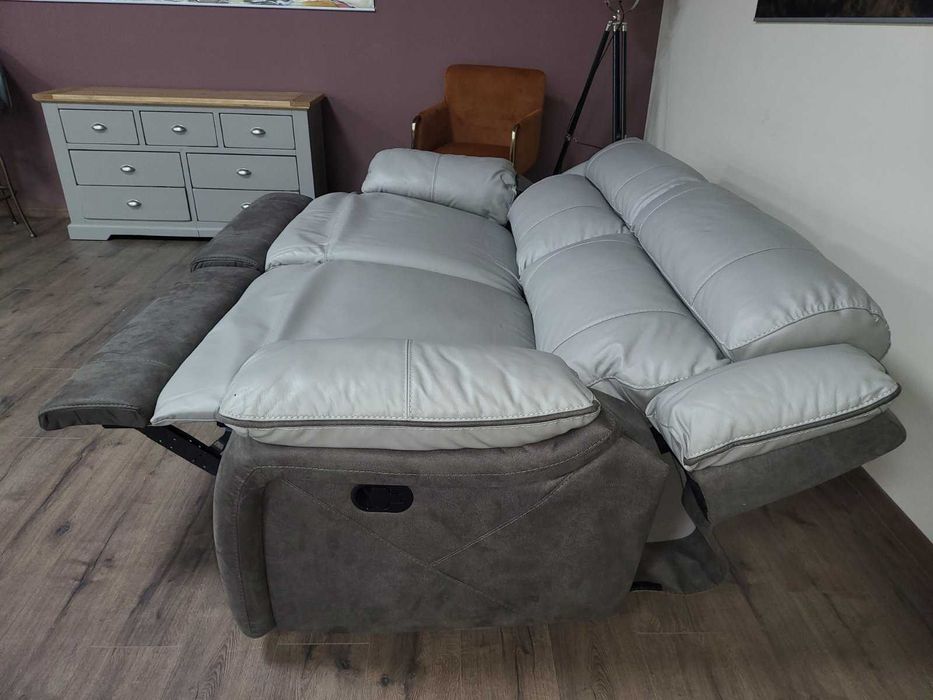 Сив диван тройка от кожа и плат с ръчен релакс механизъм