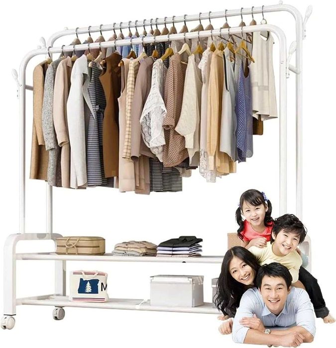 Металлическая напольная вешалка для одежды с обувницей