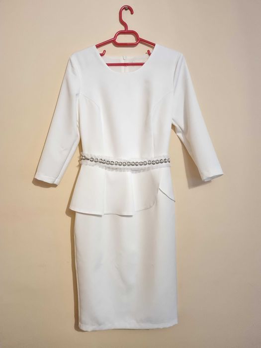 Rochie alba eleganta de ocazie din stofa cu cordon Marimea 38 (M)