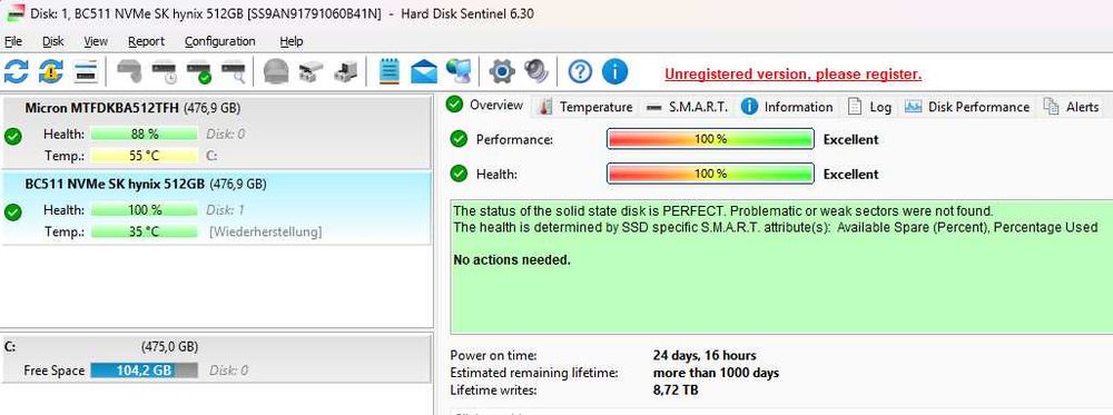 SSD NVMe SK hynix BC511 512GB M.2 2230 PCIe 3.0 x4 – 100% Health