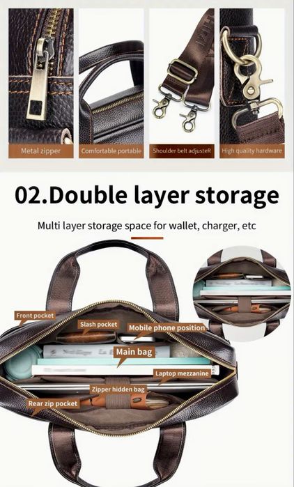 Мъжка кожена чанта за лаптоп 15,6”/Премиум естест. кожа -10% Промоция!